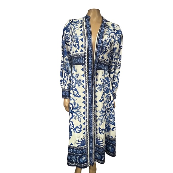 Caroline Constas Dresses & Skirts - Caroline Constas Blue White Floral Geometric Print Midi Kimono Dress | Sze M NEW